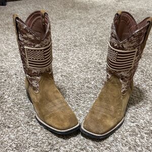 Ariat Tan Suede Cowboy Boots with Camo Shaft and Flag Patch